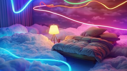 An avant-garde bedroom where the bed is nestled amidst a landscape of ethereal clouds, with vibrant neon lights in green and pink casting an enchanting glow throughout the space. 