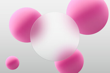Light background, spheres with a rectangular plate, background in the style of glass morphism.