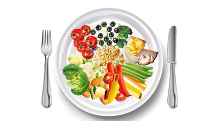 A balanced plate of colorful fresh vegetables and fruits, including tomatoes, blueberries, peppers, broccoli, and cauliflower on a white plate.