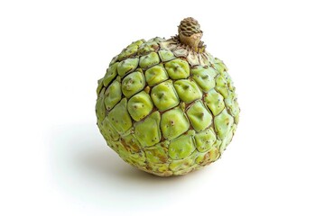 Fototapeta premium Close-up of a single green custard apple with a textured surface, isolated on a white background, showing detailed patterns and natural color.