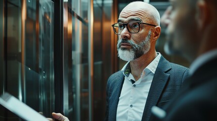 Businessman riding the glass elevator to his office in a modern office building. Corporate associate uses laptop computer in lift.