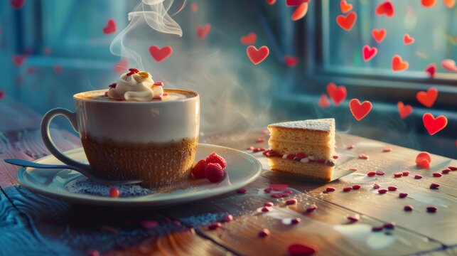 Cup of coffee and cake, cup of coffee and piece of cake with hearts flying through the air.