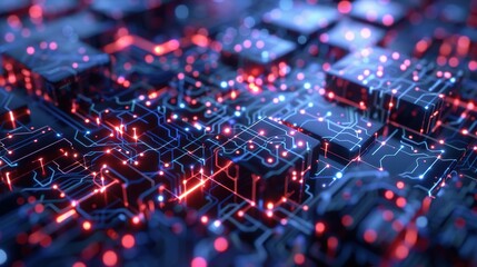 Fototapeta premium Abstract technology background featuring a quantum computing system with a processor and electronic circuits, artificial neurons, and global data connections.