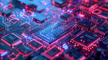 Fototapeta premium Abstract technology background featuring a quantum computing system with a processor and electronic circuits, artificial neurons, and global data connections.