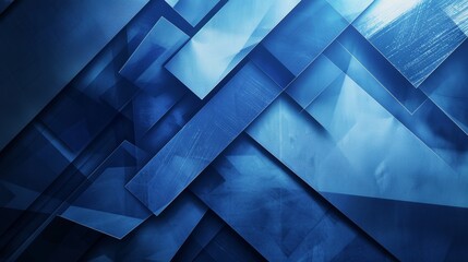 A blue abstract background is layered with triangles and rectangles in a contemporary modern art design.