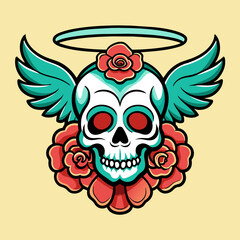 skull with angel wings and roses, with a vintage tattoo style. Use a light yellow background and ensure the colors are vibrant and bold