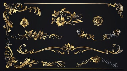 Gold decorative horizontal floral elements with borders, corners, and frames in modern format