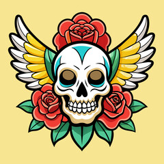 skull with angel wings and roses, with a vintage tattoo style. Use a light yellow background and ensure the colors are vibrant and bold