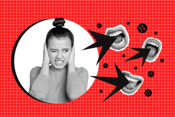 Composite photo collage of unhappy scared girl victim shut ears mouth scream bullying society abuse...