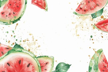 夏のスイカのフレームの水彩画（背景・暑中見舞い・壁紙）