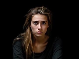 Black background sad european white Woman realistic person portrait of young beautiful bad mood expression Woman Isolated on Background depression anxiety fear burn 