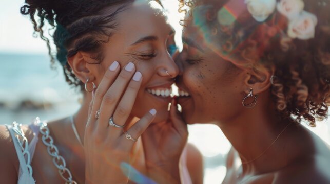 A beautiful lesbian couple exchanges rings and kisses beside the sea at an outdoor wedding ceremony. Gays share their Big Day with diverse multiethnic friends. LGBTQ relationship goals.