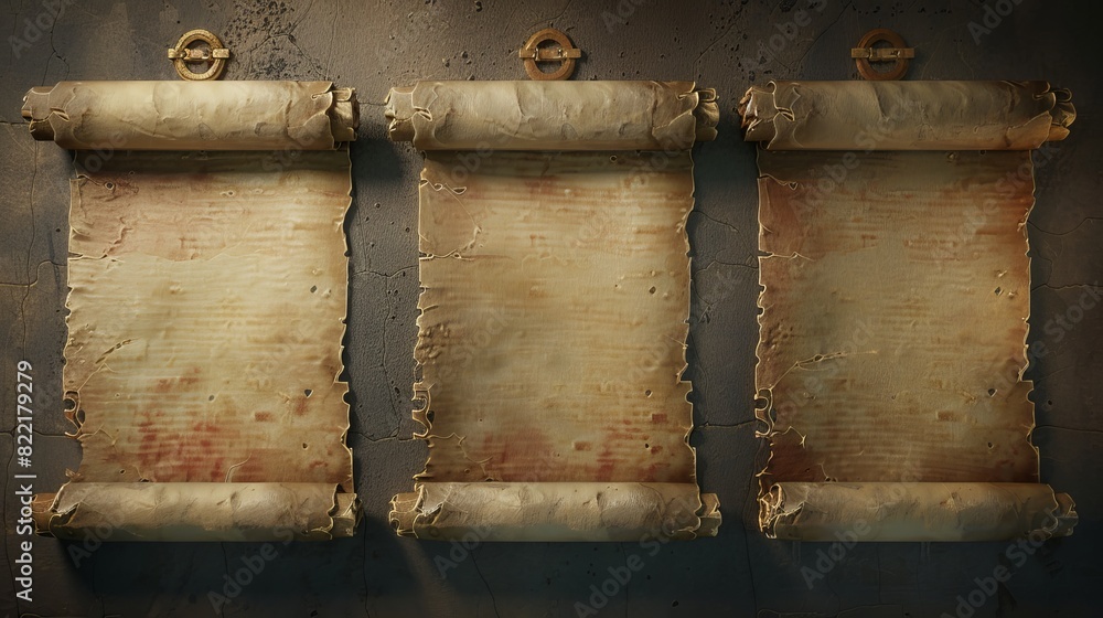 Poster an old parchment scroll or paper scroll realistic 3d illustration set
