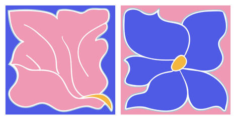 Fauvism baby rose and leaf, wallpaper set of 2. Object in limited boundary. Contemporary abstract flower in square shape. Rose motif for brochure, wall art, poster, cover, banner, card