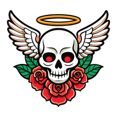 skull with angel wings and roses, with a vintage tattoo style. Use a light yellow background and ensure the colors are vibrant and bold