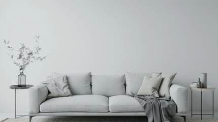 Three-dimensional rendering of gray fabric sofa and pillows on white background in a living room.