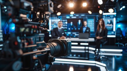 Fototapeta premium A TV news program with two anchors reporting live events, discussing business, economy, science, entertainment. A TV cable channel with a variety of anchors in the newsroom.