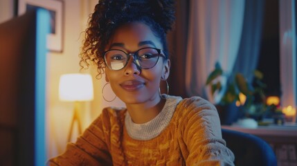 A young multicultural woman is chatting on a video call on her computer in a stylish loft apartment in the evening. It is an evening of working from home, talking to family and friends or talking to