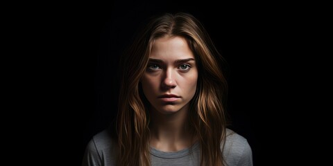 Black background sad european white Woman realistic person portrait of young beautiful bad mood expression Woman Isolated on Background depression anxiety fear burn 