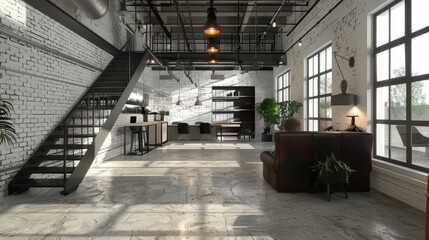 Office in the style of an industrial loft. The walls are white brick, polish concrete floors, and black steel structures. The furniture is dark brown and black leather.
