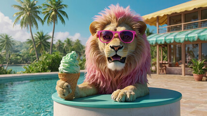 A lion in pink sunglasses eats ice cream in a cone on the background of the pool