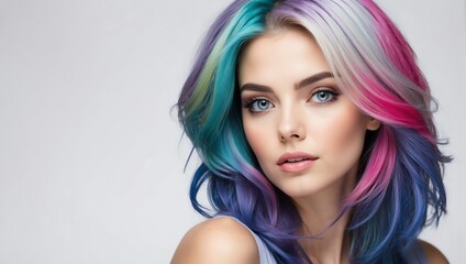Fototapeta premium headshot of colorful hair beautiful woman model on plain white background studio from Generative AI