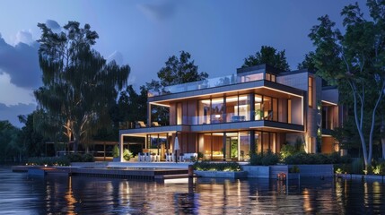 At night, a three-dimensional rendering of a modern house by the river