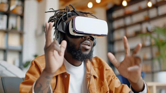 African American man reviews a virtual reality headset. Young black man explains new features on a live podcast.