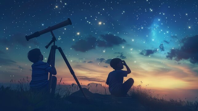 Imaginary scene of two brothers enjoying the night outdoors with a telescope looking up at the stars. Digital illustration style painting