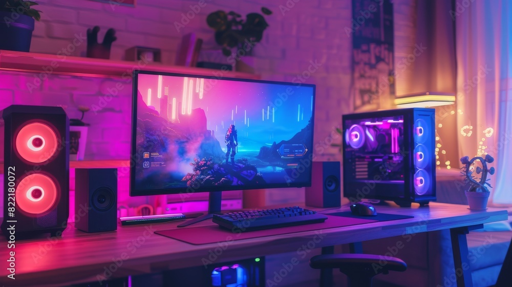 Poster empty gaming station with player's personal computer with victory in rpg strategy game on display. s