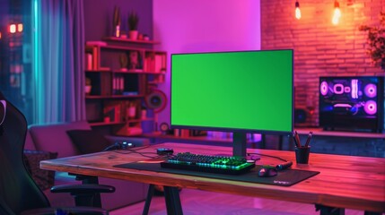 Home Gaming Station: Player's Personal Computer on a Wooden Desk with a Green Screen Chroma Key Display in a Cozy Loft Apartment.