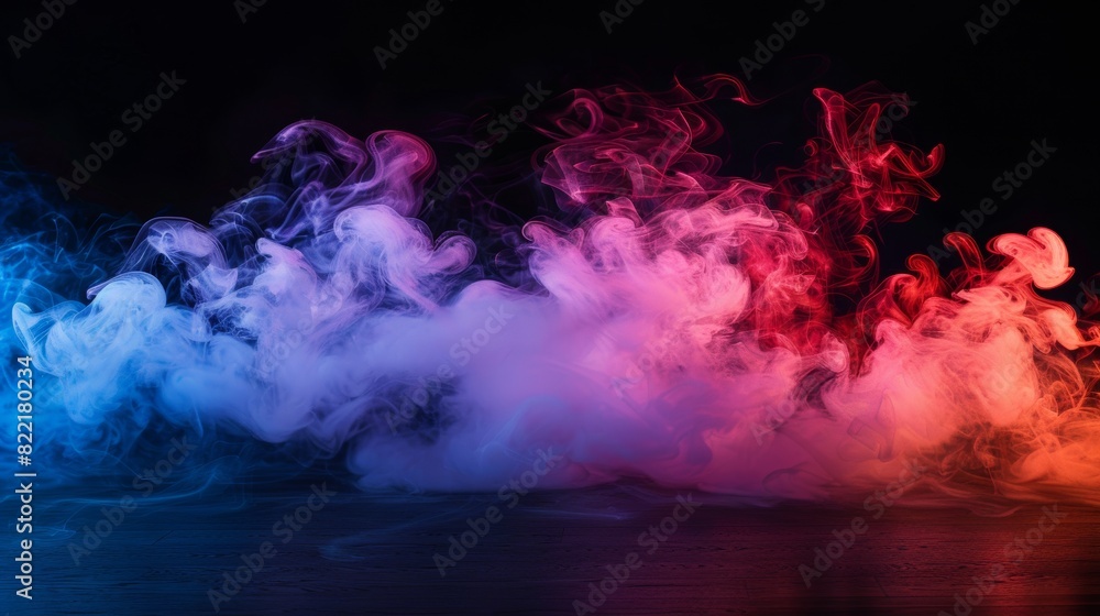 Poster a colorful smoke effect covers a black background. tiny misty fog effects are used to add textures t