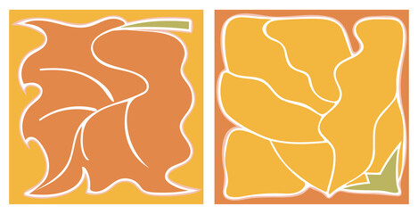 Flower and leaf. Fauvism baby rose wallpaper set of 2. Object in limited boundary. Contemporary abstract flower in square shape. Rose motif for brochure, wall art, poster, cover, banner, card