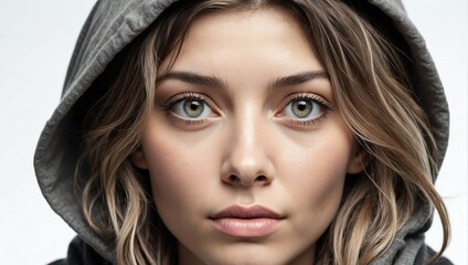 Fototapeta premium headshot of homeless beautiful woman model on plain white background studio from Generative AI
