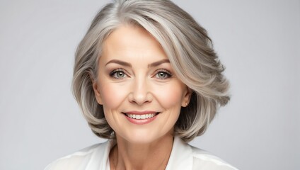 Fototapeta premium headshot of middleaged beautiful woman model on plain white background studio from Generative AI