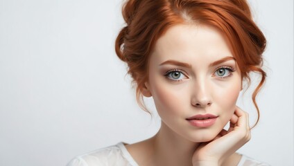 Obraz premium headshot of redhead beautiful woman model on plain white background studio from Generative AI