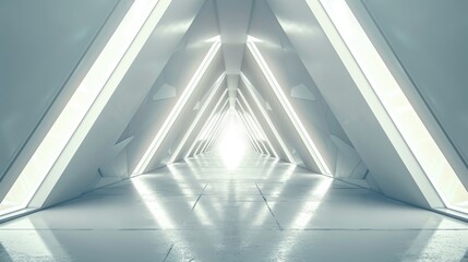 Fototapeta premium A futuristic sci-fi triangle tunnel in the middle of an empty long light corridor surrounded by a white modern background.