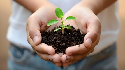 Hands holding soil with small plant growing, symbolizing growth and environmental care .
