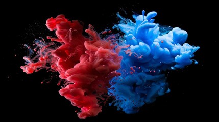 Fototapeta premium Several acrylic blue and red colors on water with ink blots. Abstract black background.