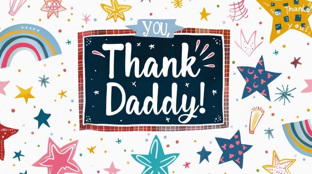 An illustration with the text Thank You Daddy surrounded by whimsical drawings of rainbows, stars, and hearts