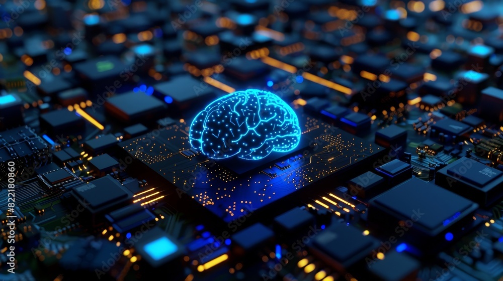 Poster 3d rendering of a blue brain circuit on a microchip on a computer motherboard. we can use it for big