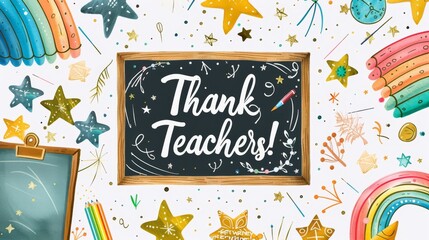 A vibrant and cheerful illustration featuring a blackboard with the message Thank Teachers! surrounded by whimsical school-related motifs