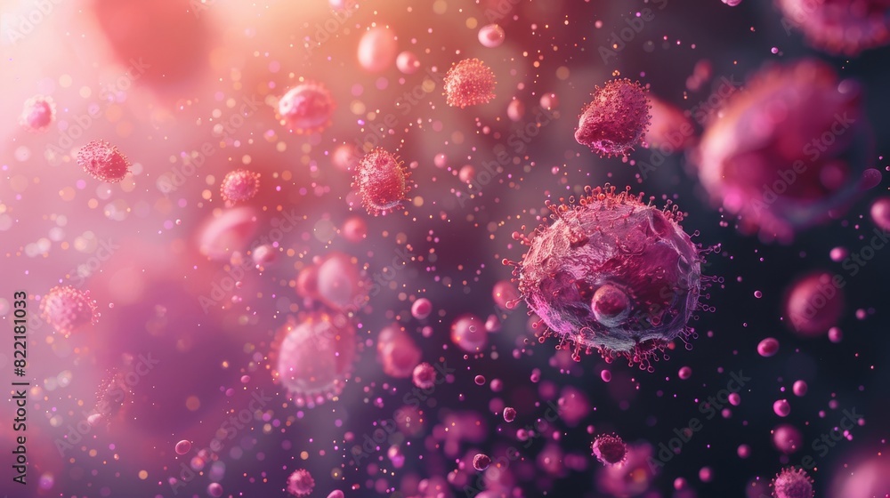 Poster this image showcases a close-up digital illustration of multiple virus cells with a focus on one, di