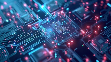 Fototapeta premium Abstract technology background featuring a quantum computing system with a processor and electronic circuits, artificial neurons, and global data connections.