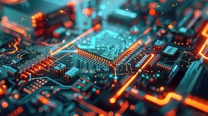 Fototapeta premium Abstract technology background featuring a quantum computing system with a processor and electronic circuits, artificial neurons, and global data connections.