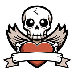 Skull with angel wings holding a shattered heart. Incorporate a vintage tattoo style with a scroll banner below the heart for personalized messages