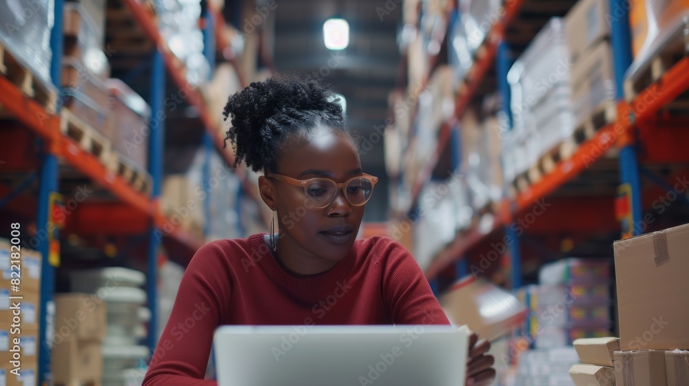 Aufkleber african american small business owner working in the storeroom, preparing an order for a client usin