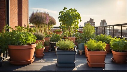 The image shows a variety of potted plants on a rooftop with a cityscape in the background.

