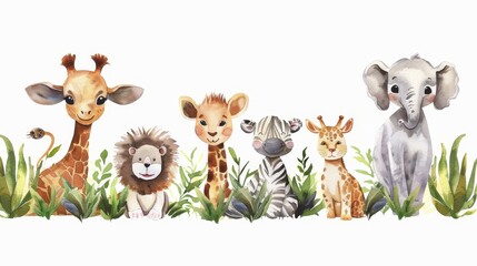 Watercolor illustration of safari animals for baby rooms