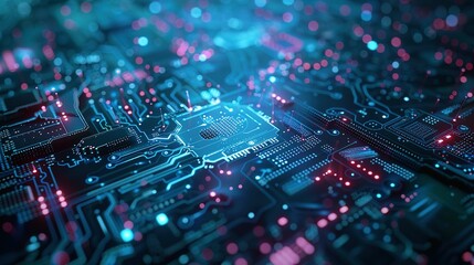 Obraz premium Abstract technology background featuring a quantum computing system with a processor and electronic circuits, artificial neurons, and global data connections.